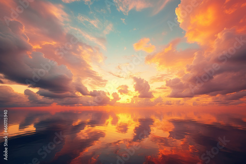 Sun Setting Over Water with Colorful Sky and Clouds with Reflection, Generative AI