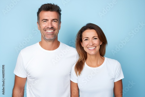 Happy Smiling Couple Portrait. Isolated on a plain background. Generative AI.