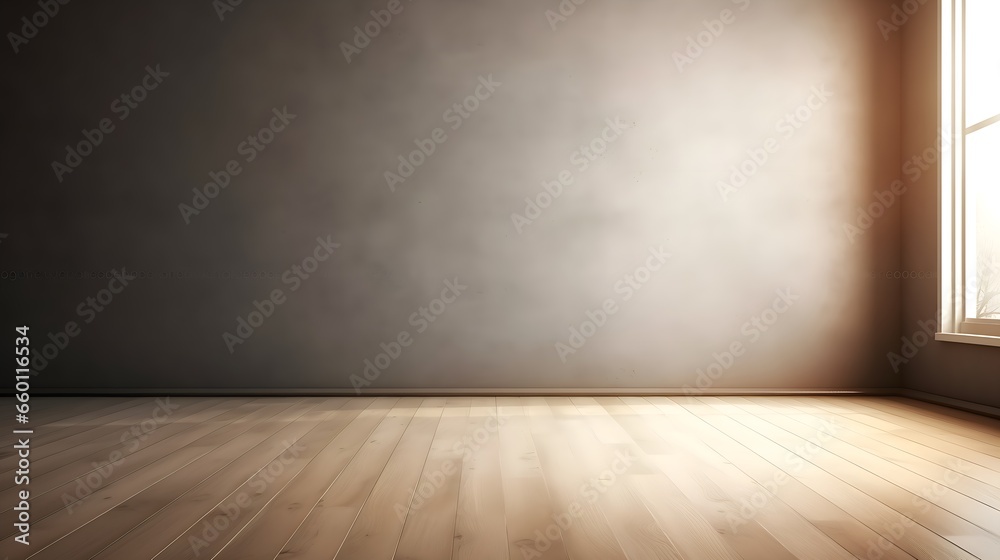 Charcoal Serenity: Interior Background with Glare on Empty Wall and Wooden Floor, Product Presentation, Background Charcoal Serenity: Interior Background with Glare on Empty Wall and Wooden Floor, Product Presentation, Background