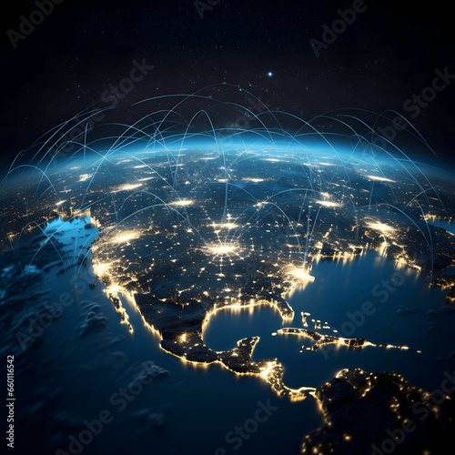 Photo of Planet Earth and its Satellites at night from space - USA connected to the rest of the world, technology, global community and futuristic communication system concept.