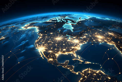 Photo of Planet Earth and its Satellites at night from space - North America connected to the rest of the world, technology, global community and futuristic communication system concept. photo