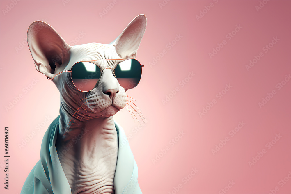 Creative animal concept. Sphynx Cat Kitten in sunglass shade glasses isolated on solid pastel background, commercial, editorial advertisement, surreal surrealism.
Creative animal concept. Sphynx Cat Kitten in sunglass shade glasses isolated on solid pastel background, commercial, editorial advertisement, surreal surrealism.