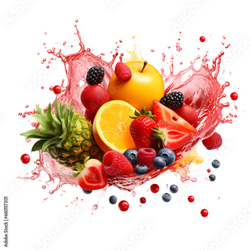  Fruit burst  Splash of juice  Sweet tropical fruits and mixed forest berries  3d realistic  32k resolution  best quality    clip art isolate on transparent background