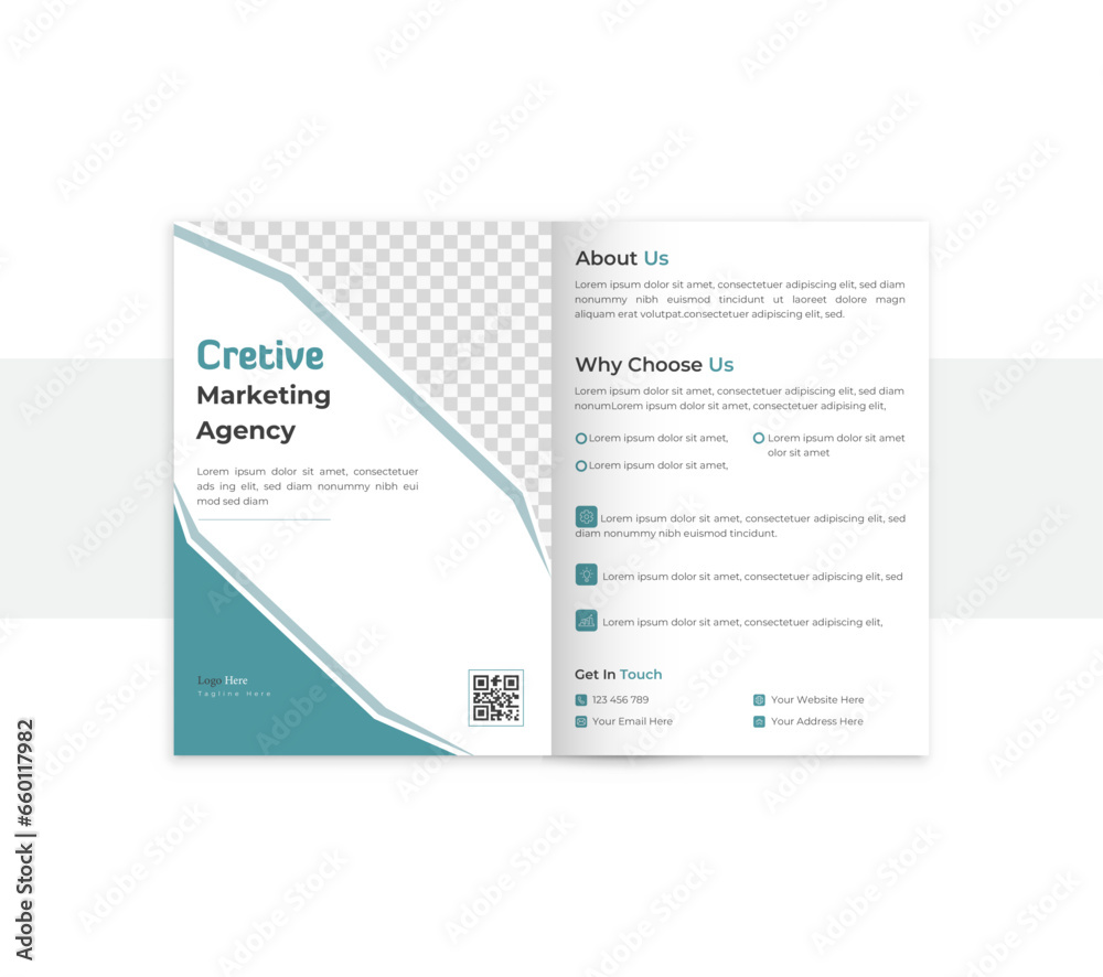 Smart & minimalist business bifold brochure template, with a cool color.