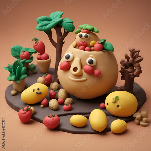 Funny face made of fruits and vegetables. 3d illustration.