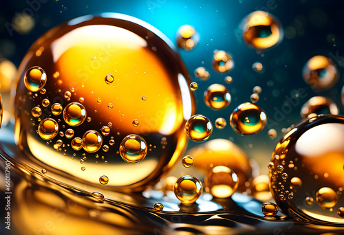 Liquid wallpaper, abstract 3D background. Background of golden liquid oil bubbles.