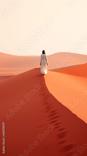 a lady in the desert walking alone, AI generative, surrealism illustration 