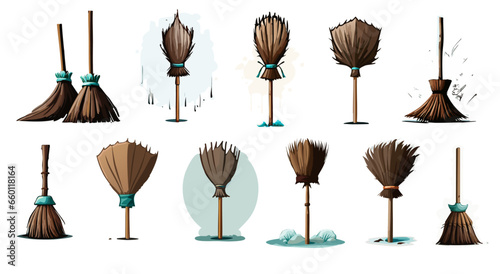 collection of different witch brooms for halloween in cartoon style