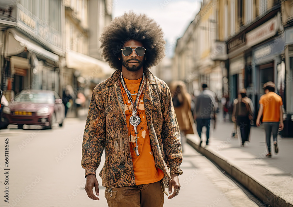 Retrato de una hombre afroamericano con estética de los 70 en la calle