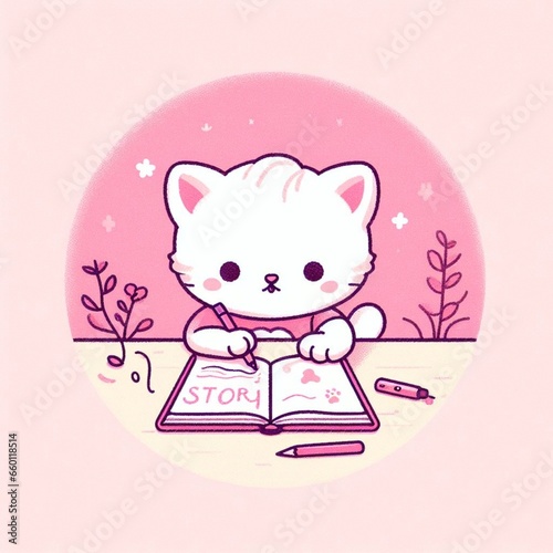 kitten writing, story book, kids story, pastel pink shade, solid background
