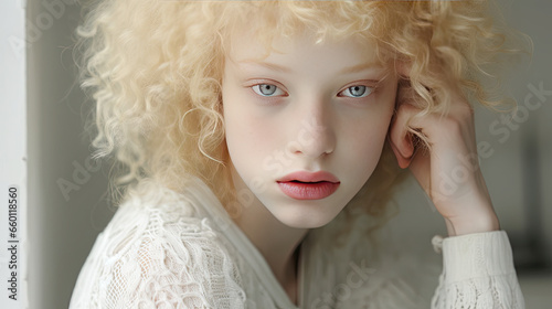 Primer plano de una chica albina con la piel muy blanca