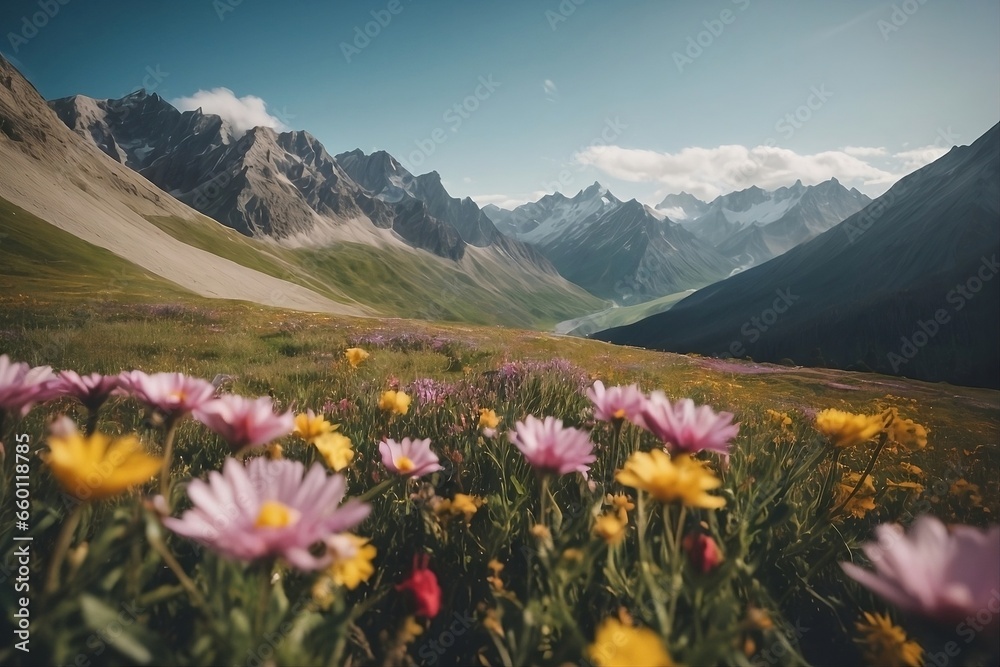 meadow with flowers in mountains