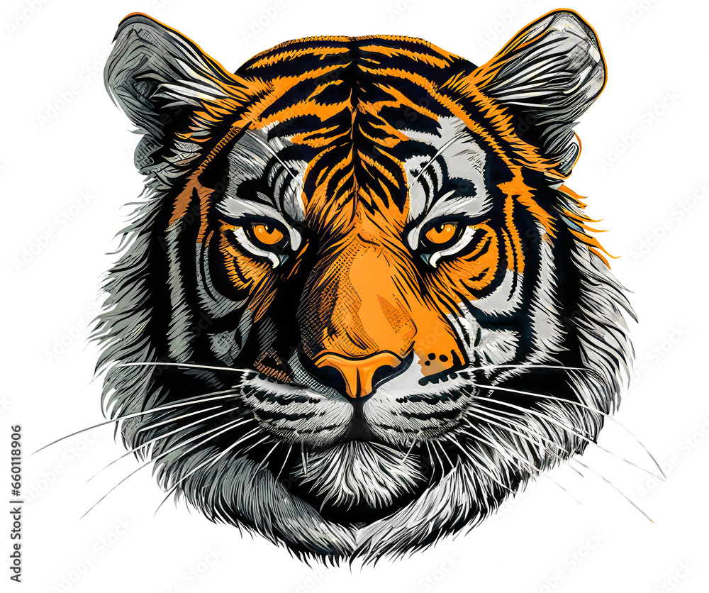 Tiger Face in Vibrant Comic Style: Dark Orange and Silver Tones, Generated image