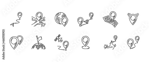 Location pin icon doodle set. Hand drawn sketch vector illustration. Geolocation map mark. Freehand navigation related vector line icons.