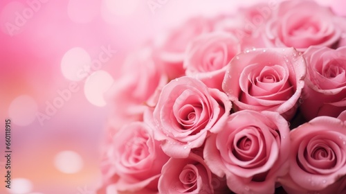 A romantic Valentine's atmosphere with gorgeous roses on a pink or blush pink background, enhanced by a beautiful blur effect. It's an ideal choice for greeting cards, wedding invitations, and gift © Matthew