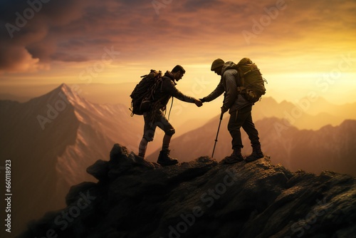 Cooperation concept with multiple people helping each other on mountain top