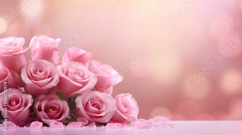 Blurred Valentine s background with beautiful roses. It features a lovely  romantic pink or blush pink backdrop with a beautiful blur effect  perfect for greeting cards  wedding  romantic gift