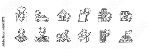 Map pin doodle icons. Set of restaurant, car service, office, store, home, hospital location. Mountain route trip. Hand drawn sketch vector illustration