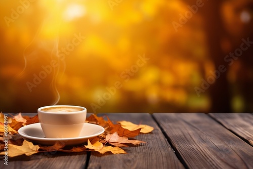 Coffee cup nestled among autumn leaves on a wooden table, with a softly blurred fall autumn background. High quality photo