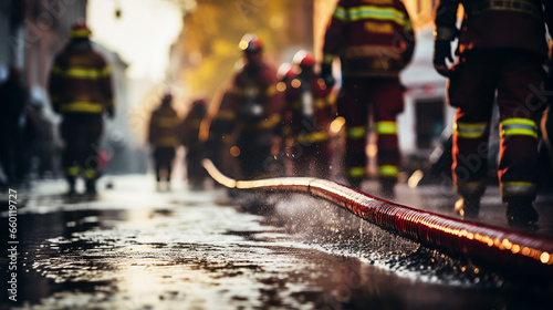 firefighter with a tangle of fire hoses on the street photo