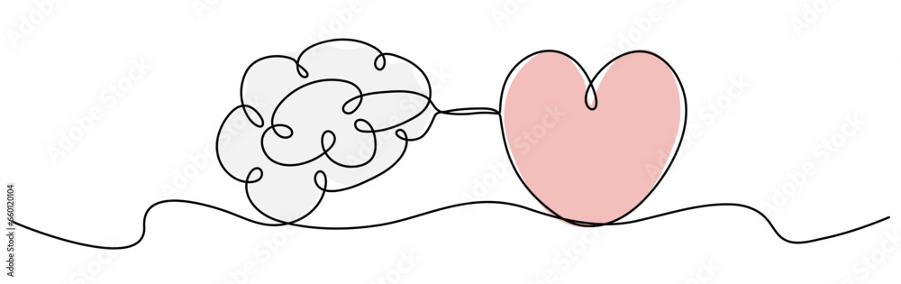 Fototapeta premium Human brain and heart continuous one line art drawing. Rationality with emotions connection concept. Colorful psychology balance symbol. Vector illustration isolated on white.