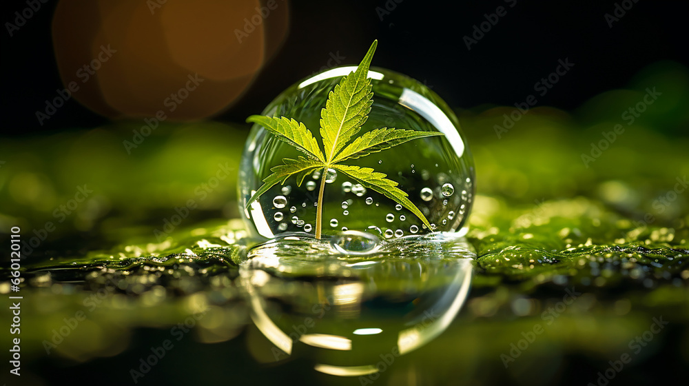 macro image of a cannabis plant submerged in a clear water droplet created with Generative Ai macro image of a cannabis plant submerged in a clear water droplet created with Generative Ai