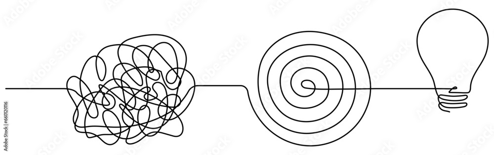 Chaotic and mess lines with lightbulb continuous one line drawn. Problem solving symbol concept. Vector illustration isolated on white. - obrazy, fototapety, plakaty 