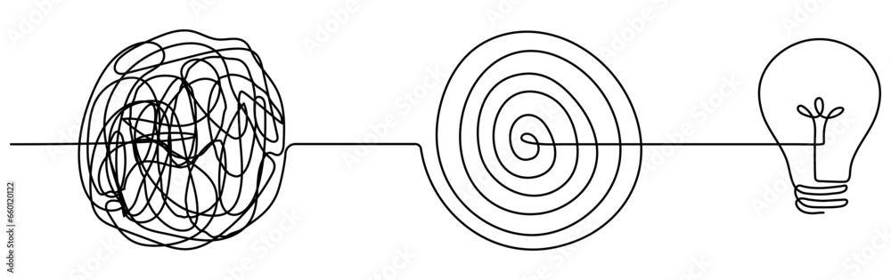 Chaotic and mess lines with lightbulb continuous one line drawn. Problem solving symbol concept. Vector illustration isolated on white. Chaotic and mess lines with lightbulb continuous one line drawn. Problem solving symbol concept. Vector illustration isolated on white.