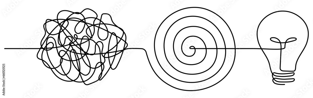 Chaotic and mess lines with lightbulb continuous one line drawn. Problem solving symbol concept. Vector illustration isolated on white. Chaotic and mess lines with lightbulb continuous one line drawn. Problem solving symbol concept. Vector illustration isolated on white.