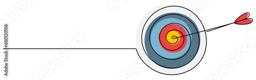 Colorful target with arrow continuous line drawing. Hand drawn linear goal symbol. Vector illustration isolated on white.