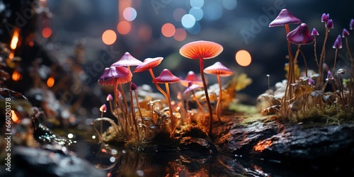 Illustration created by artificial intelligence of colored mushrooms in the forest.