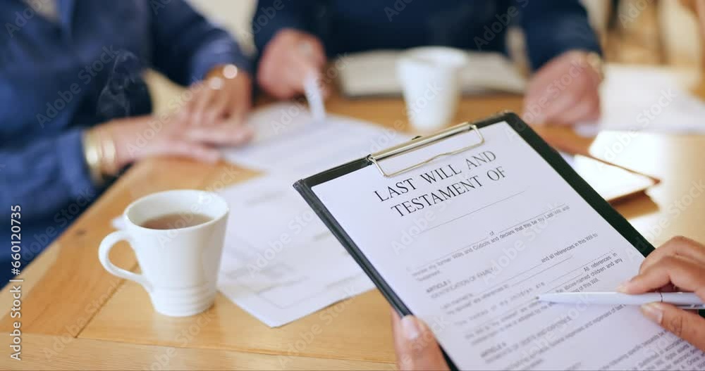 Closeup, people and hands for document, testament or contract for insurance, last will and meeting in home. Planning, funeral or death of preparation for healthcare at table, tea and elderly couple