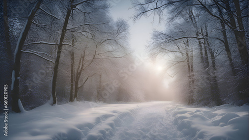 Winter forest with snow covered trees and rays of the sun. Winter landscape
