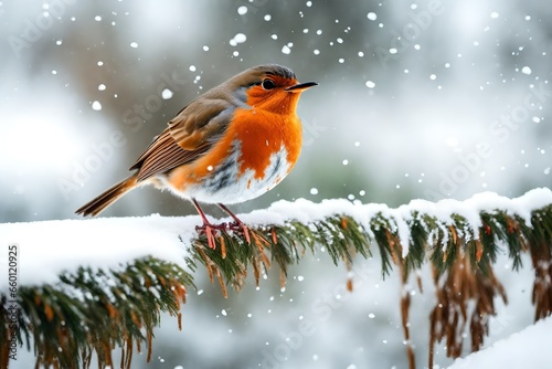 European Robin or Robin Redbreast songbird in snowy weather in winter. © sania