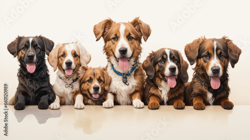 A group of cute dogs on a white background. Man's best friend. Illustrated style. Adorable puppies and dogs.