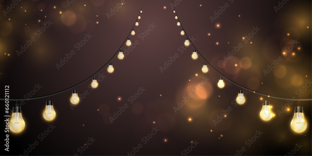 Christmas yellow lights. Glowing garlands on a dark background. Vector