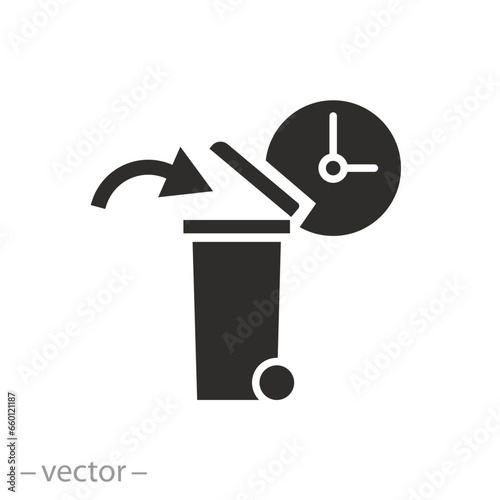 icon of trash can and clock, the expiration date has expired, time to dispose of the spoiled product, container bin for trash, flat symbol - vector illustration