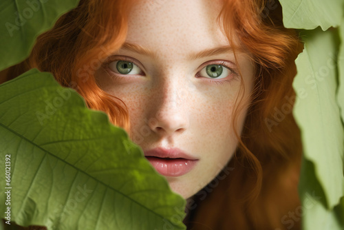 Beautiful girl with red hair freckles in the face looking from green leaves. Banner for beauty skin body care bio eco cosmetics concept photo