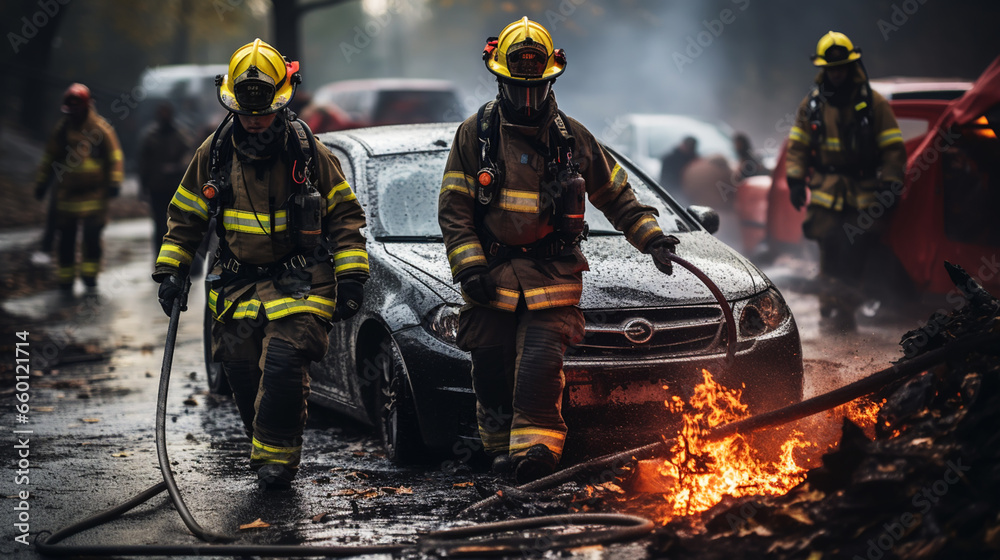 Car Crash Traffic Accident: Paramedics and Firefighters Car Crash Traffic Accident: Paramedics and Firefighters
