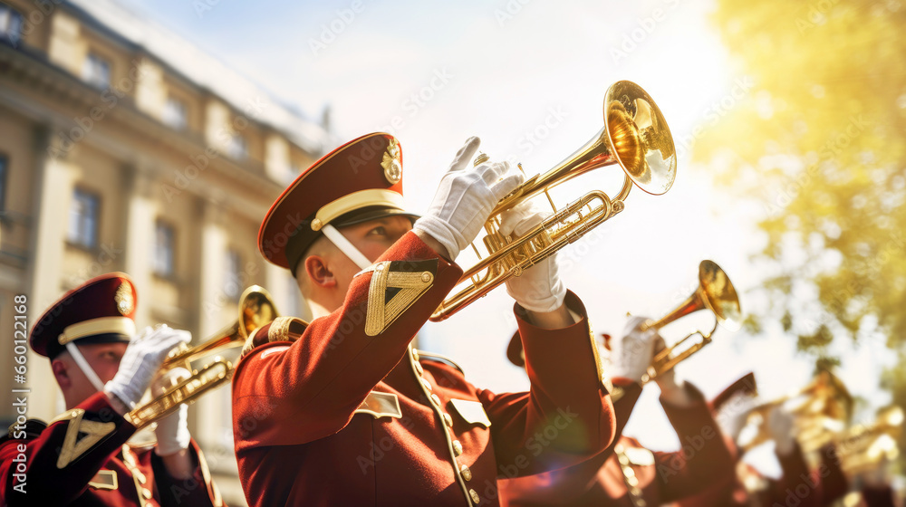 A military musical band marches at a festive military parade on the street on a sunny day. Celebrating Remembrance, Independence Day - obrazy, fototapety, plakaty 