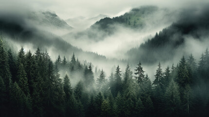 Keuken achterwand Mistige ochtendstond Mist boven donker bergbos  © Anar