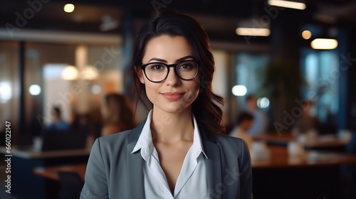 Portrait of happy young businesswoman with pleasant smile standing at office company, Beautiful woman looking at camera, Professional female manager leader portrait, AI Generated