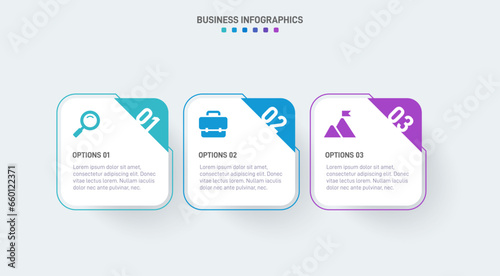 Timeline infographic with infochart. Modern presentation template with 3 spets for business process. Website template on white background for concept modern design. Horizontal layout.