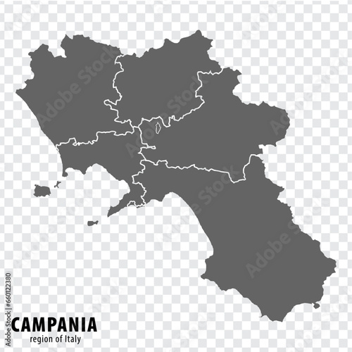 Blank map Campania of Italy. High quality map Region Campania with municipalities on transparent background for your web site design, logo, app, UI.  EPS10.