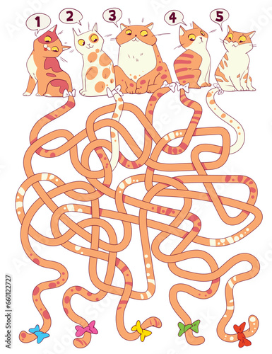 Tangled maze of cat tails. Maze for children. Educational game for kids. Attention task. Choose right path. Funny cartoon character. Worksheet page. Vector illustration. Isolated on white background