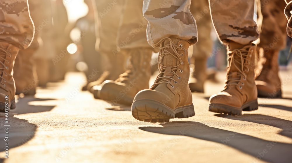 Close-up of men soldiers legs in uniform and boots on the sand ground. Marching at military camp. Leather shoe in sand color and brown camouflage pants. Army defense, mobilization and conscription - obrazy, fototapety, plakaty 
