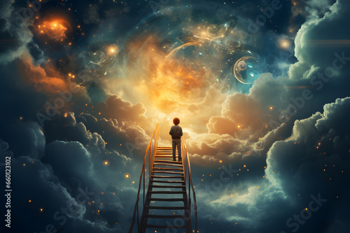Little boy lives in fantasy dream world with magic, imagination sky