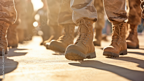 Close-up of men soldiers legs in uniform and boots on the sand ground. Marching at military camp. Leather shoe in sand color and brown camouflage pants. Army defense, mobilization and conscription