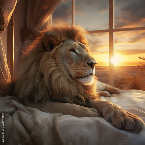 a sleepy lion watching the sunset on a white clean bed created with Generative Ai
