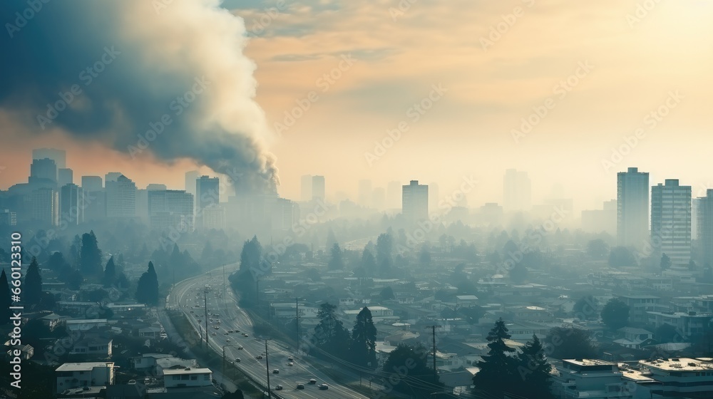 Bustling city in smog and pollution, illustrating urban environmental challenges.